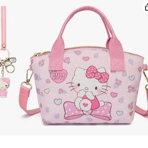 Hello Kitty Pink White Bow Print Mini Handbag w/ Matching Keychain